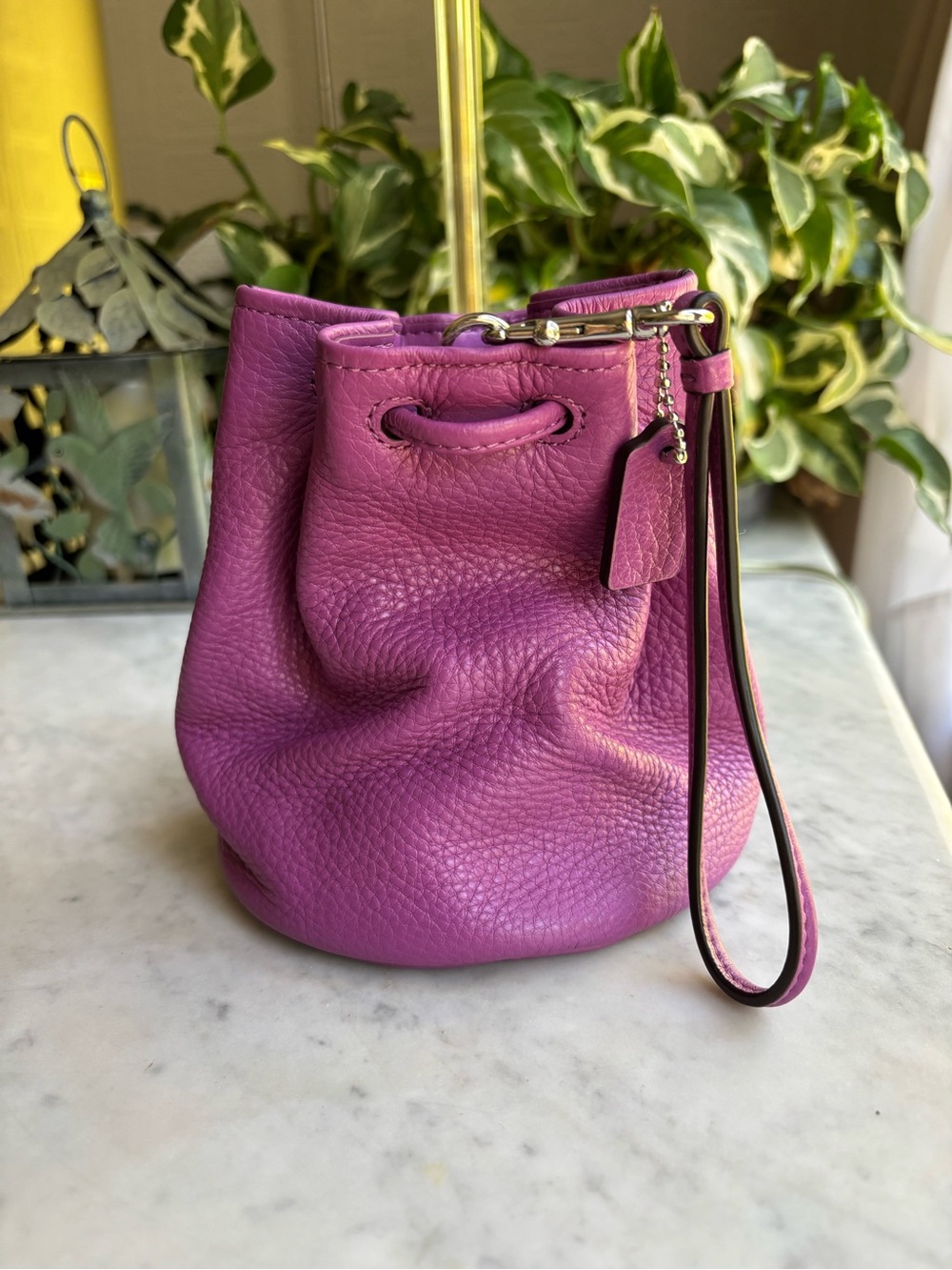 Coach Petal Pebbled Leather Drawstring Wristlet in Purple - Picture 2 of 7